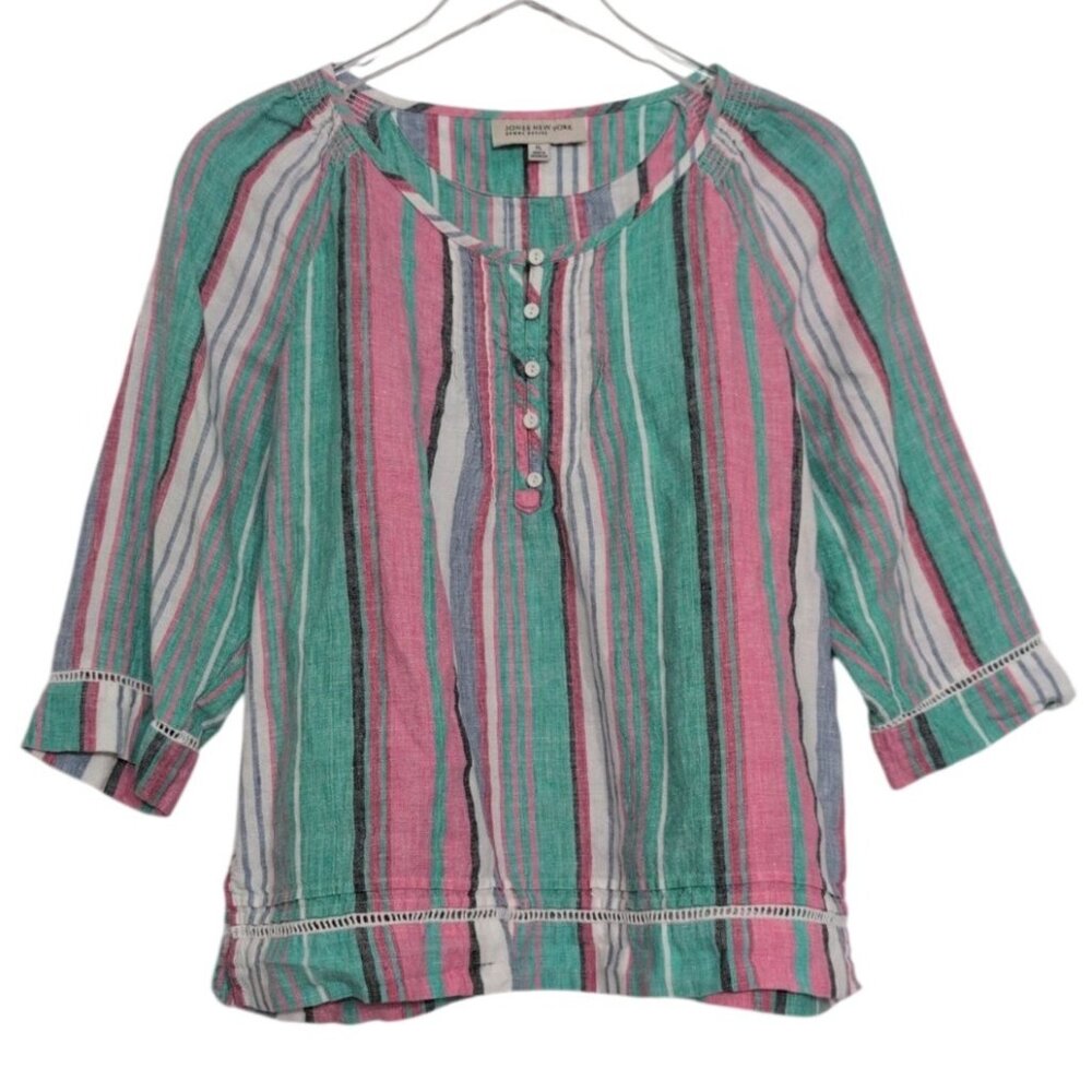Jones New York Linen Stripe Shirt Womens Petite Size Large Pink Henley Popover